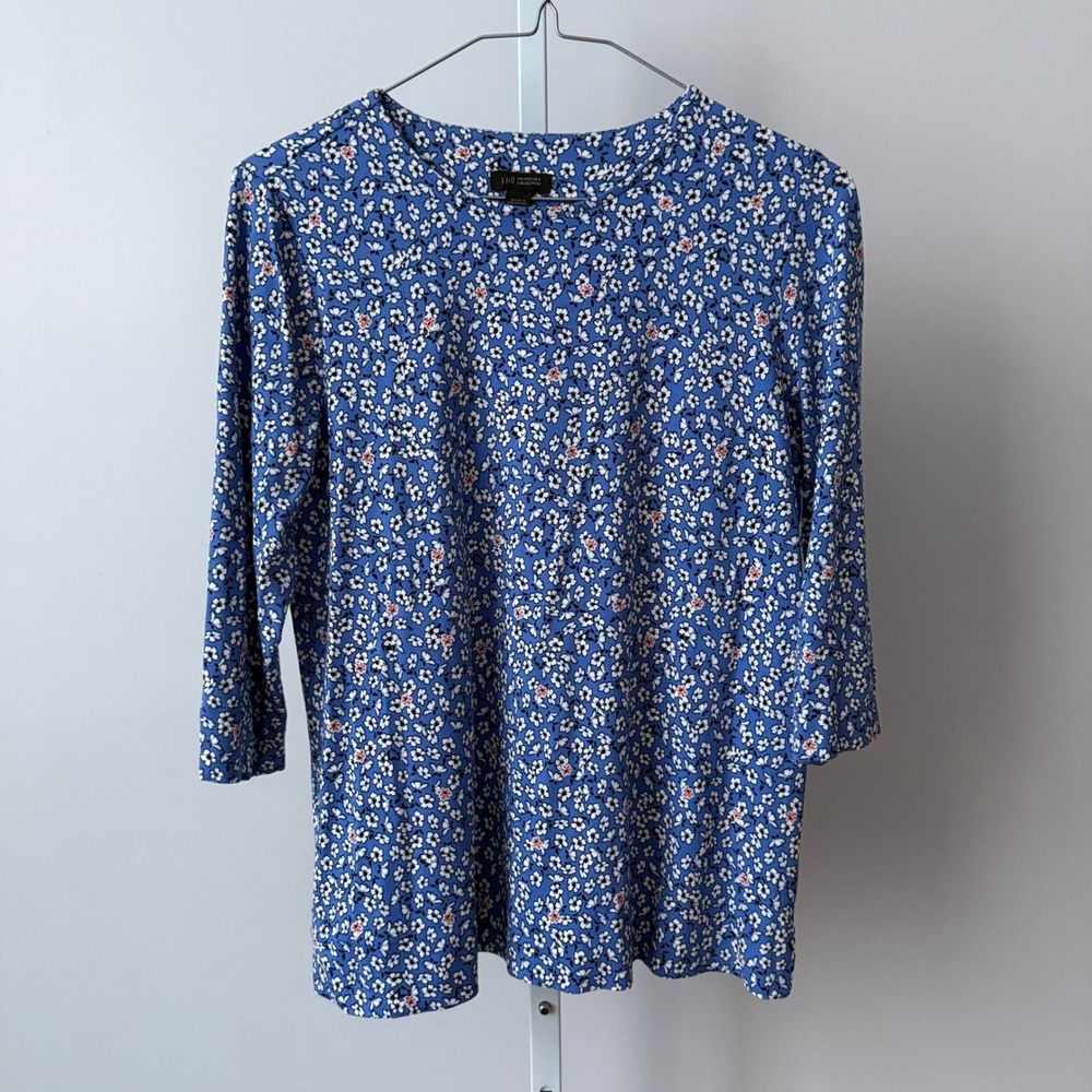J Jill sz S Wearever Collection Blue Floral Blouse Cottage Office Siren